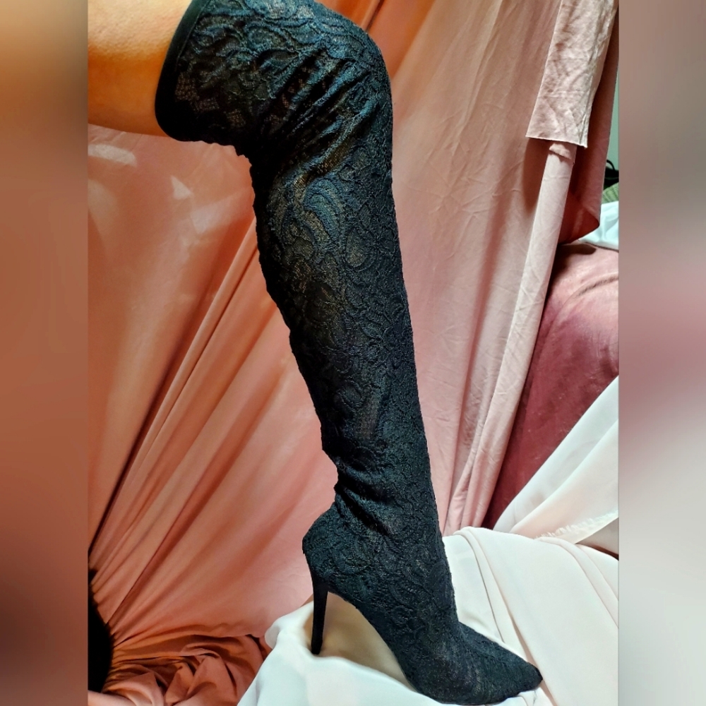 Lace stiletto thigh highs